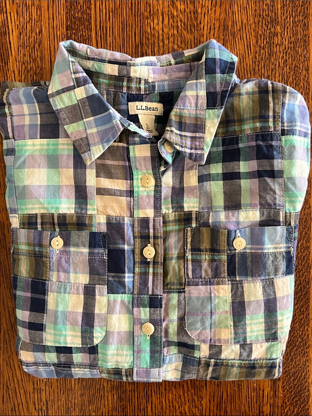 L.L. Bean Women’s Plaid Button-Down Madras Patch Plaid Shirt Size S